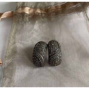 Vintage marcasite set sterling silver hugger earrings, Small Hoops